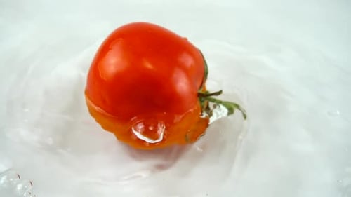 Bright Red Tomato Rotating in Clear Water