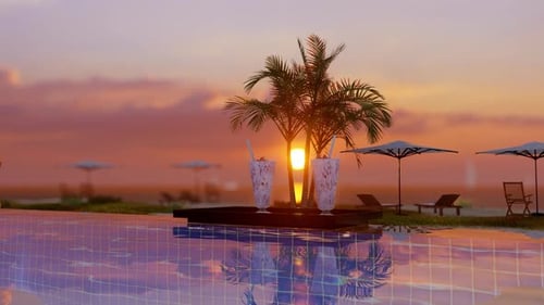 Cocktail On The Table Near Swimming Pool And Sunset Cloud