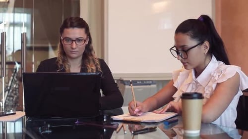 Uma equipe de duas garotas de negócios trabalhando em um projeto de negócios no escritório