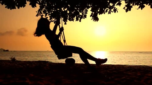 Young Girl Is Swinging Back Ang Forth at the Wooden Swing