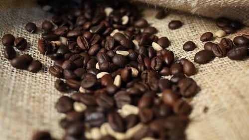 Roasted Coffee Beans Spilled onto Woven Textile