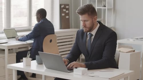 Dos empresarios diversos que trabajan en computadoras portátiles en la oficina