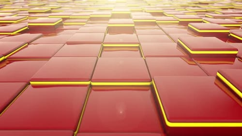 Abstract Geometric Grid with Pulsating Red and Yellow Glowing Blocks