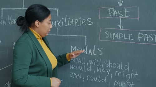 Portrait of Private School Tutor Working Online Teaching English Explaining Pointing at Chalkboard