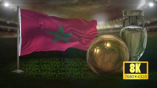 Moroccan Flag Waving with Golden Soccer Ball and Silver Trophy