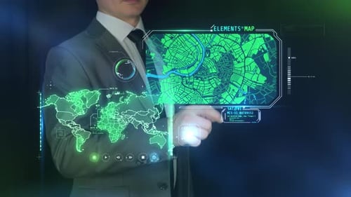 Futuristic Holographic World Map and City UI Interaction
