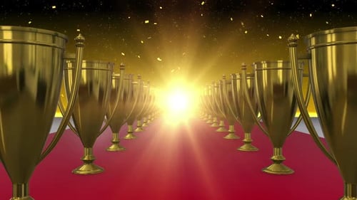Shining Golden Trophies on Red Carpet for Awards Ceremony