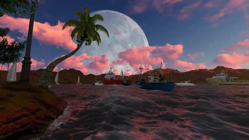 Animated Tropical Ocean Bay with Boats and Large Moon at Sunset