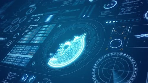 3D Blue security key with HUD background and futuristic technology and network security concept