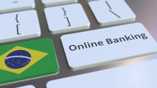 Online Banking Text and Flag of Brazil on the Keyboard