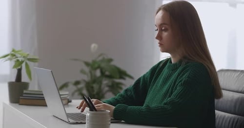 Serious Busy Woman Is Working in Her Office Surfing Internet and Sending Emails By Laptop at Daytime