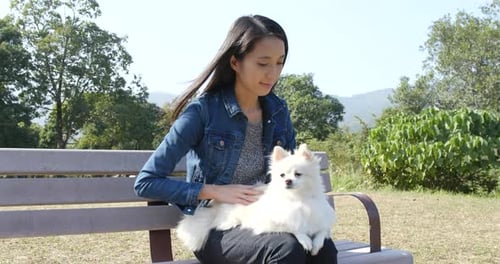 Woman play with her dog at and sitting at outdoor park