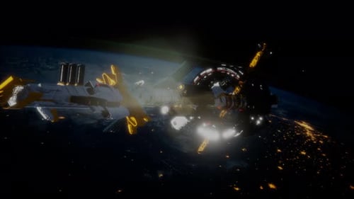 Futuristic Spaceship Docking with an Orbital Space Station Above Earth