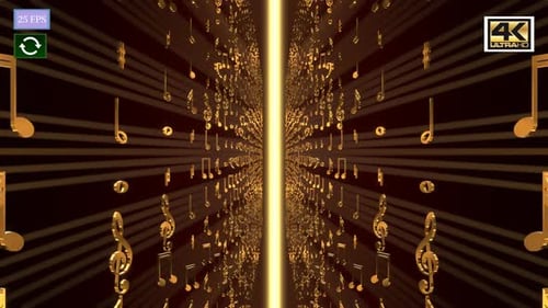Elegant 3D Golden Music Notes Flying Through Shining Tunnel