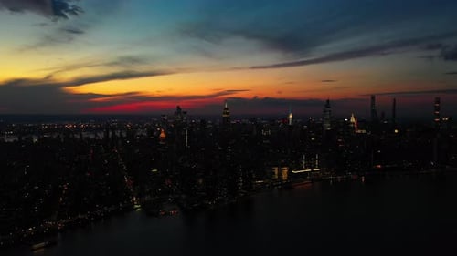 Drone Flying Over Manhattan Against Sky