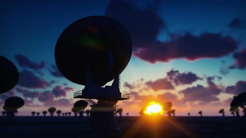 Futuristic Satellite Dishes Rotating at Sunset for Science and Technology