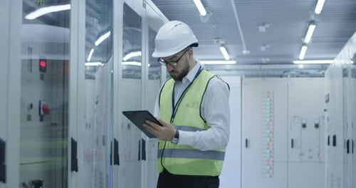 Engineer Inspecting Electrical Panels with Tablet
