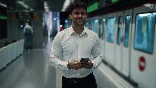 Man Uses Cell Phone in Modern Subway Station