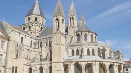 Famous Mens Abbey exterior by the day Normandy France 4K 3840X2160 slow tilt UltraHD footage - Fre