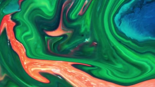 Abstract Mixing of Green, Orange, and Blue Paint