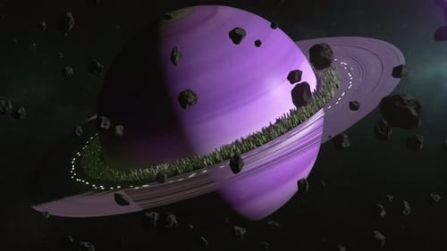 Purple Planet Surrounded by Dark Space Debris