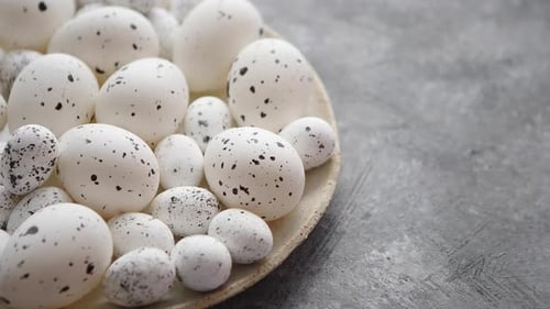 Composition of White Traditional Dotted Easter Eggs in White Ceramic Plate