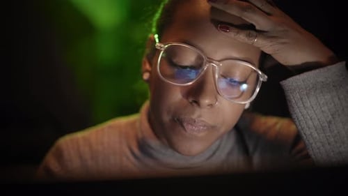 Mixed Race Frustrated Exhausted Businesswoman Works at Computer From Dark Room Young Woman
