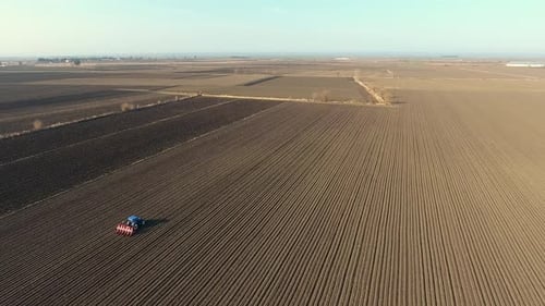 Tractor Tilling Farm Field Aerial Landscape View