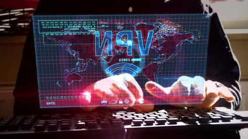 Mann tippt auf Tastatur mit VPN auf Hologramm-Bildschirm