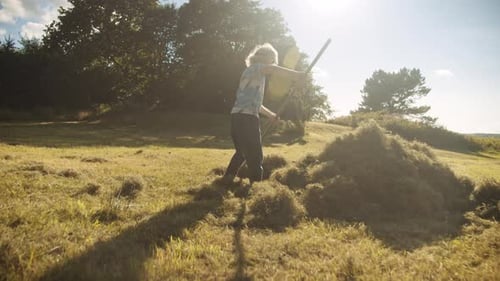 Blond Boy Using Rake In Meadow