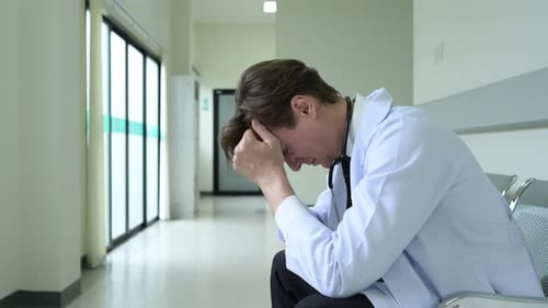Worried Doctor Sitting on Bench in Hospital Hallway