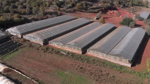 Aerial view of greenhouses.