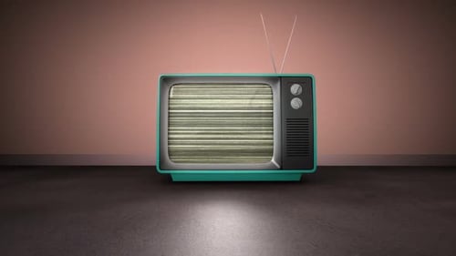 Zoom in retro TV screen blur noise, against pink wall