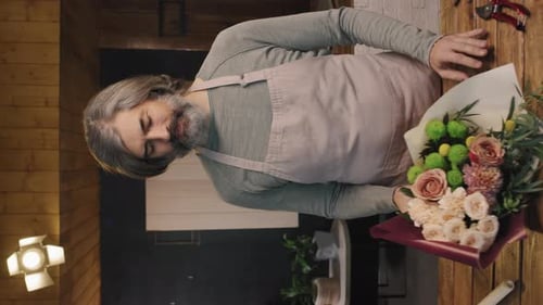 Portrait d'un fleuriste masculin avec un bouquet élégant