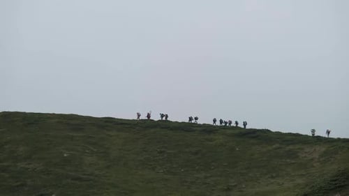 Group of Tourists with Hiking Backpacks Climbs the Mountain Range. Afar View