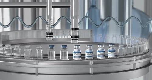 SARSCOV2 COVID19 Mass Production of Coronavirus Vaccine a Machine Pours the Vaccine Seals Bottle