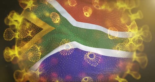South Africa Flag With Coronavirus Microbe Centered