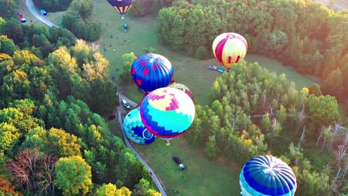 Beautiful sunbeams illuminate the balloons that fly over the park, green trees.