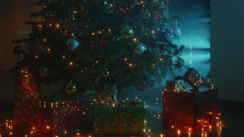 Christmas Tree with Gifts Underneath at Night