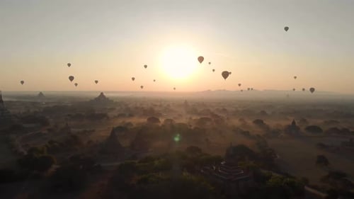 Aerial view of hot balloons in the Old Bagan temple site.