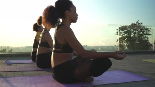 Women Doing Yoga on Rooftop in City