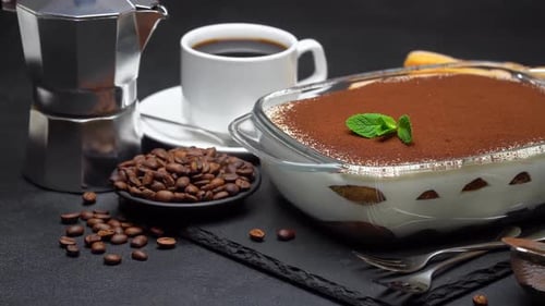 Delicious Tiramisu with Coffee Beans and Coffee Cup