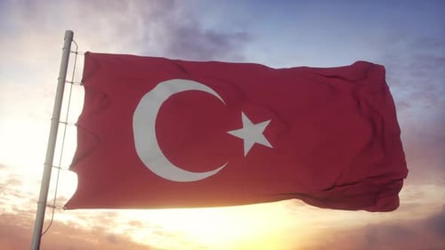 Realistic Turkish Flag Waving in Wind Against a Cloudy Sky