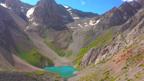 The Lake with Turquoise Water is Surrounded By Rocky Mountains with Snowcovered Peaks on Canada