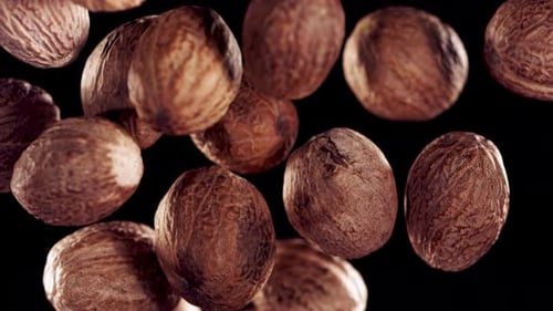 Floating Brown Nutmegs on Black Background