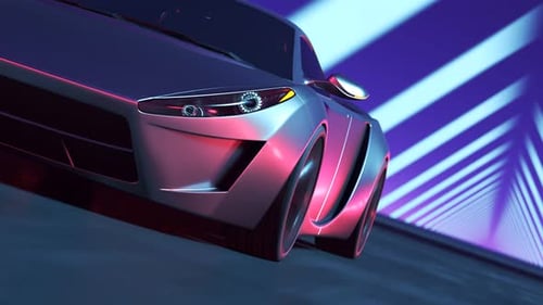 Futuristic concept sports supercar racing through a tunnel made of lights. 4K HD