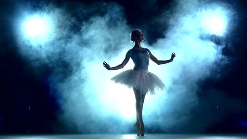 Elegant Ballerina Dancing on Stage in Smoky Setting