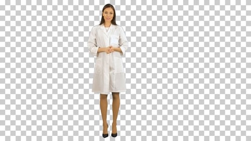 Smiling beautiful woman in lab coat talking, Alpha Channel