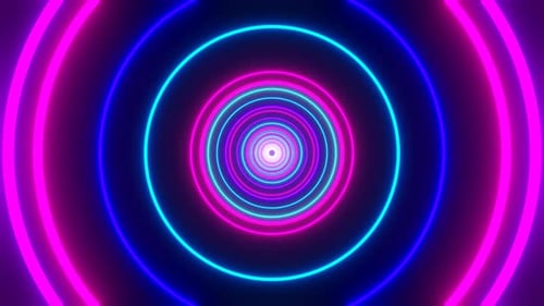 Looped Abstract Background of Flight Inside Iridescent Neon Circles Tunnel