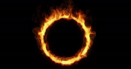 slow motion flames and sparks, Burning Ring of Fire on Black Background.